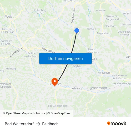 Bad Waltersdorf to Feldbach map