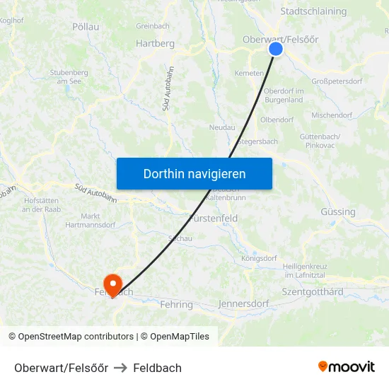 Oberwart/Felsőőr to Feldbach map