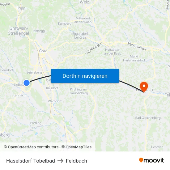 Haselsdorf-Tobelbad to Feldbach map
