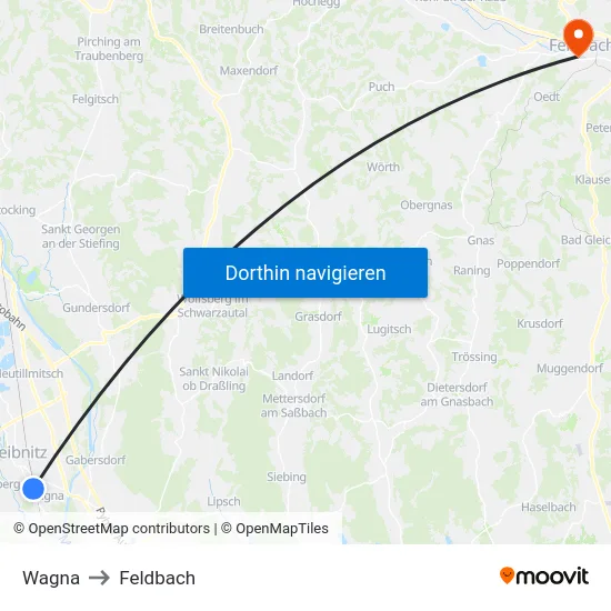 Wagna to Feldbach map