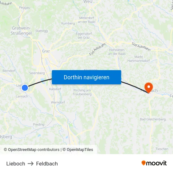 Lieboch to Feldbach map