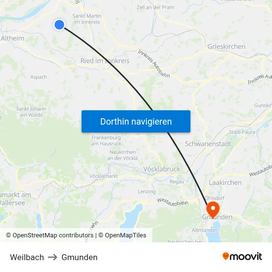 Weilbach to Gmunden map