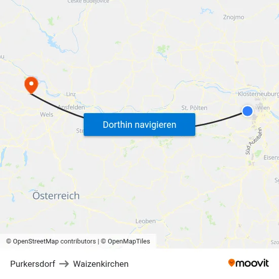 Purkersdorf to Waizenkirchen map