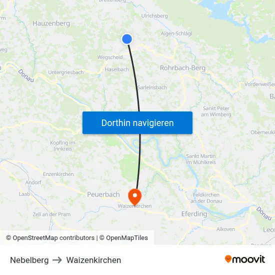 Nebelberg to Waizenkirchen map
