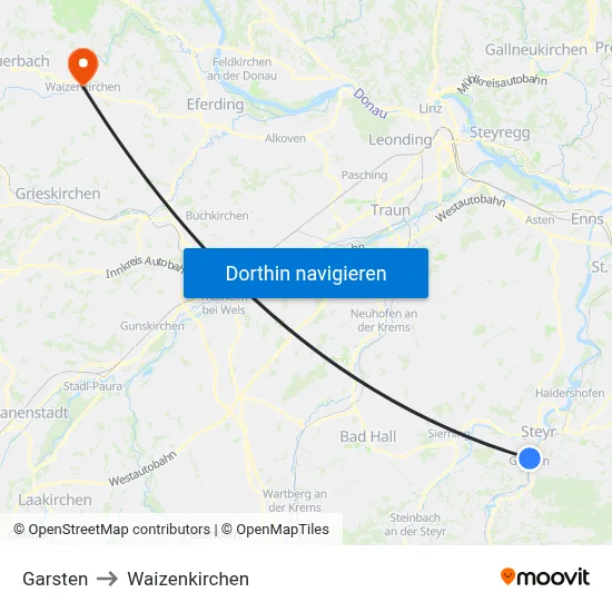 Garsten to Waizenkirchen map
