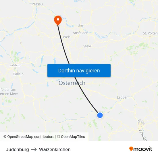 Judenburg to Waizenkirchen map