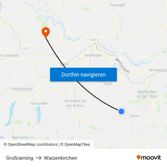 Großraming to Waizenkirchen map