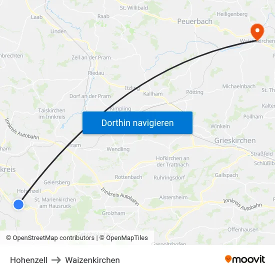 Hohenzell to Waizenkirchen map