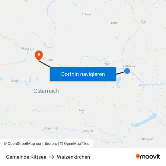 Gemeinde Kittsee to Waizenkirchen map