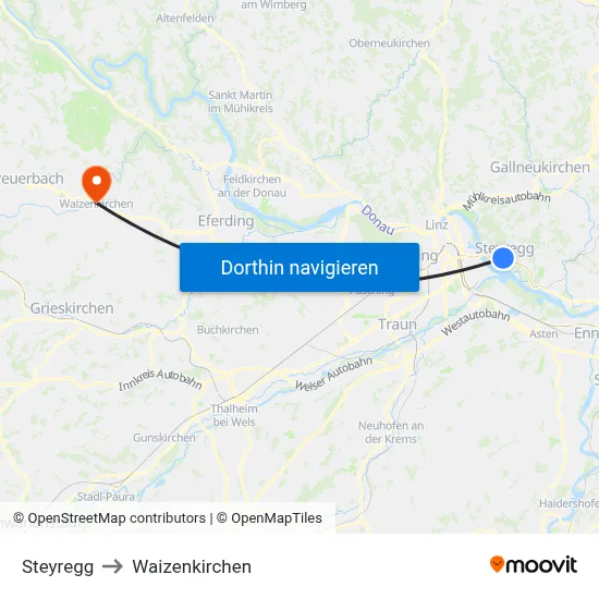 Steyregg to Waizenkirchen map