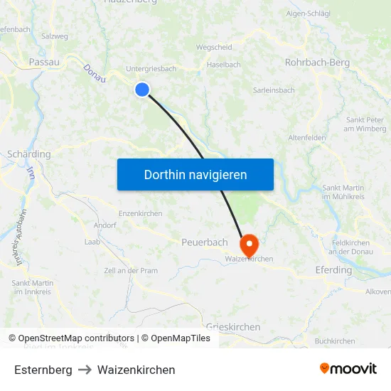 Esternberg to Waizenkirchen map
