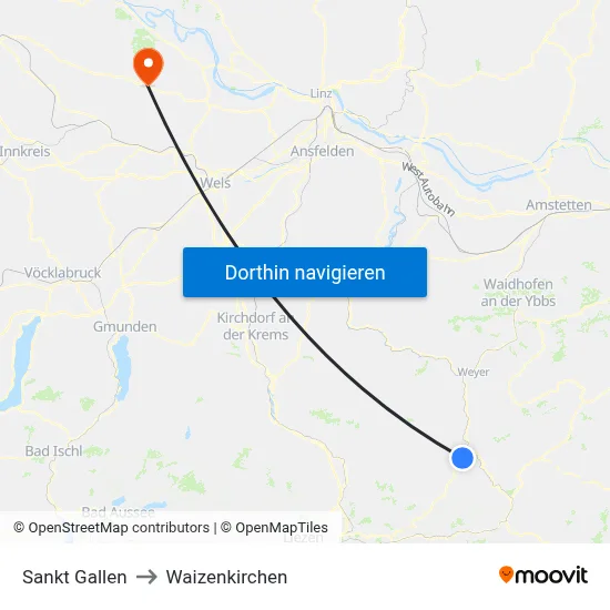 Sankt Gallen to Waizenkirchen map