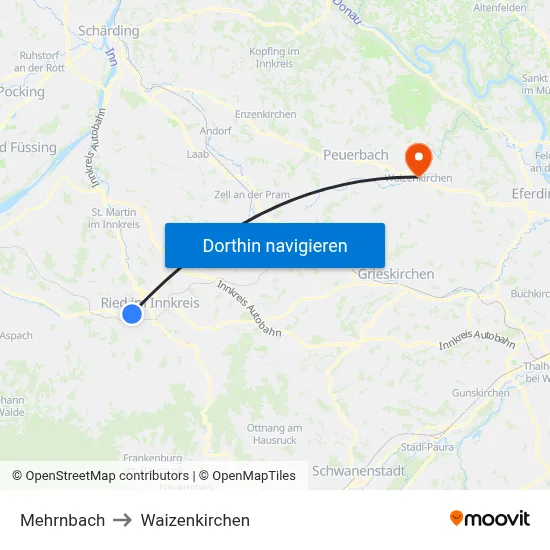 Mehrnbach to Waizenkirchen map