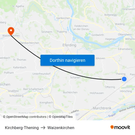 Kirchberg-Thening to Waizenkirchen map