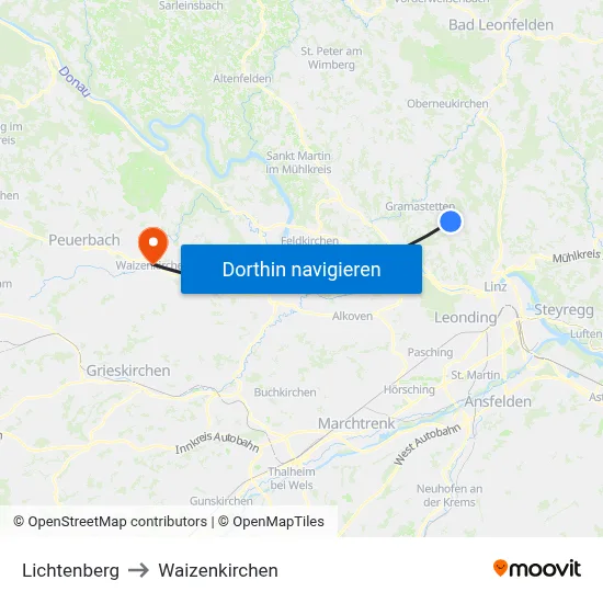 Lichtenberg to Waizenkirchen map