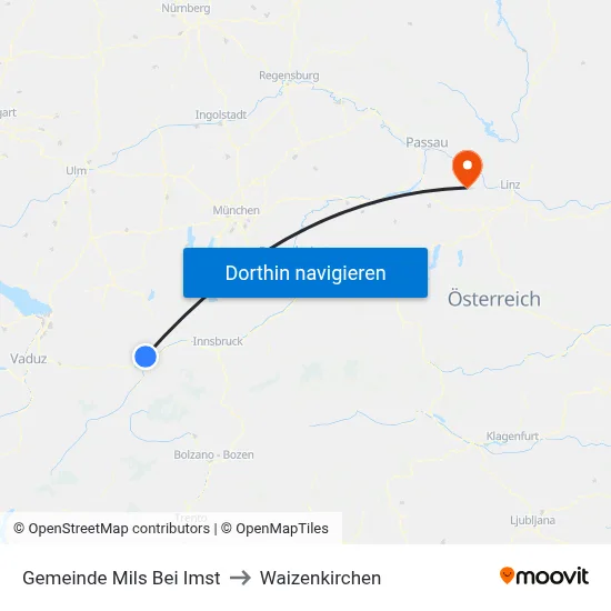 Gemeinde Mils Bei Imst to Waizenkirchen map