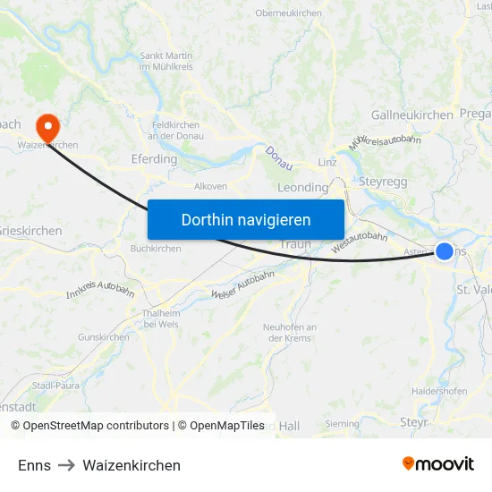 Enns to Waizenkirchen map