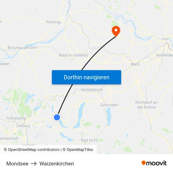 Mondsee to Waizenkirchen map