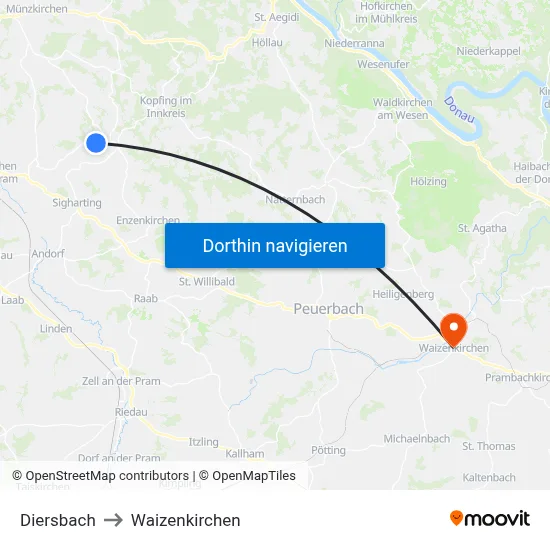 Diersbach to Waizenkirchen map