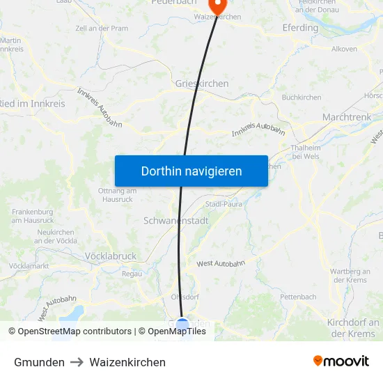 Gmunden to Waizenkirchen map