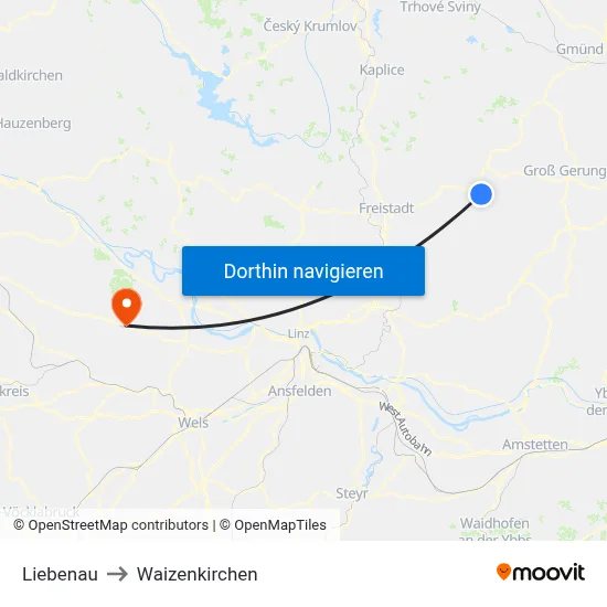 Liebenau to Waizenkirchen map