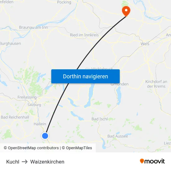 Kuchl to Waizenkirchen map