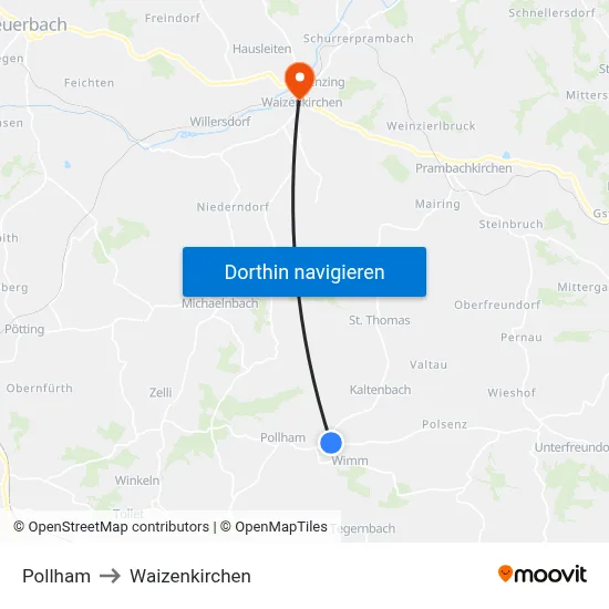 Pollham to Waizenkirchen map