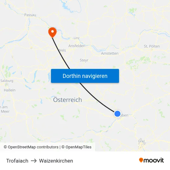 Trofaiach to Waizenkirchen map