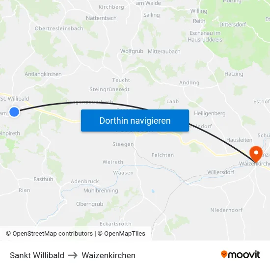 Sankt Willibald to Waizenkirchen map