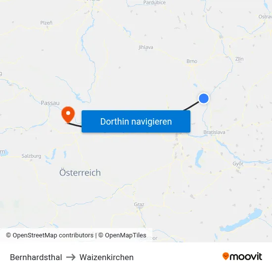Bernhardsthal to Waizenkirchen map