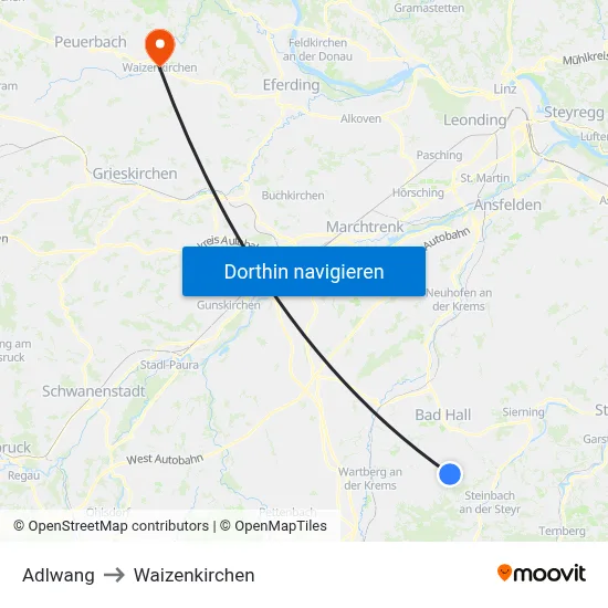 Adlwang to Waizenkirchen map