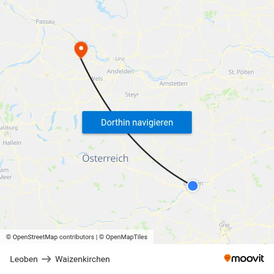 Leoben to Waizenkirchen map