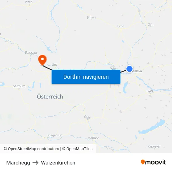Marchegg to Waizenkirchen map