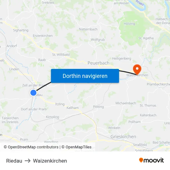 Riedau to Waizenkirchen map