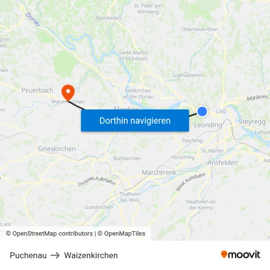 Puchenau to Waizenkirchen map