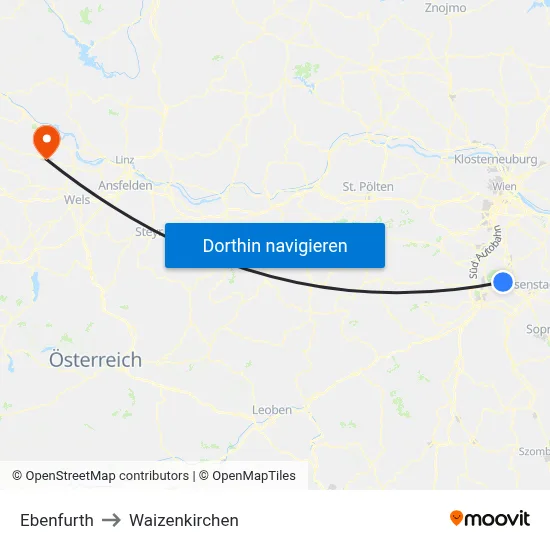 Ebenfurth to Waizenkirchen map