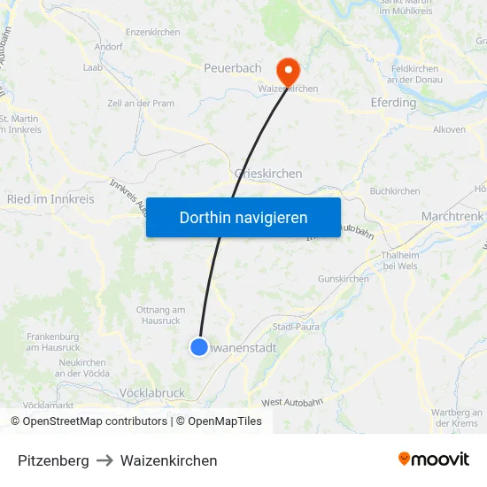 Pitzenberg to Waizenkirchen map