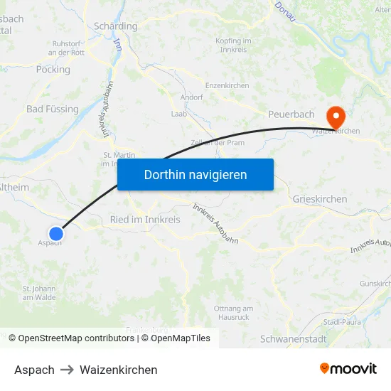 Aspach to Waizenkirchen map