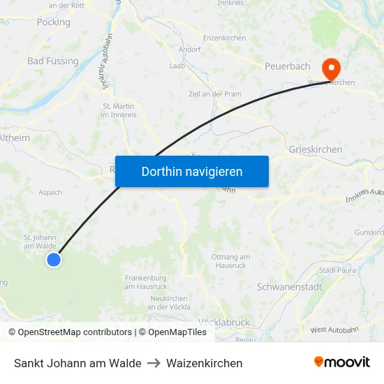 Sankt Johann am Walde to Waizenkirchen map