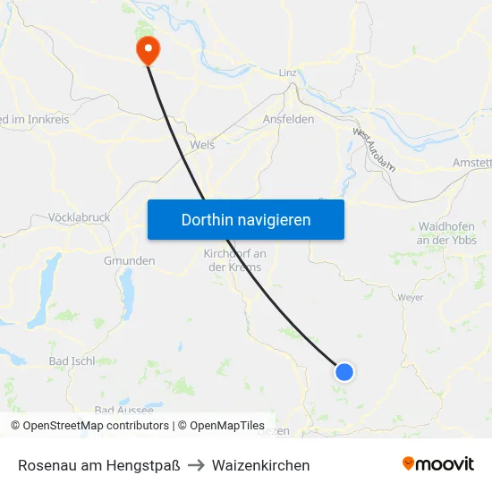 Rosenau am Hengstpaß to Waizenkirchen map