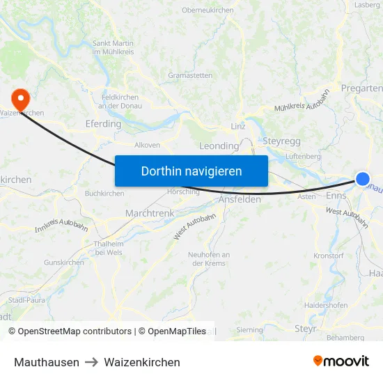 Mauthausen to Waizenkirchen map
