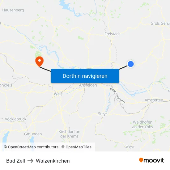 Bad Zell to Waizenkirchen map