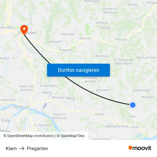 Klam to Pregarten map