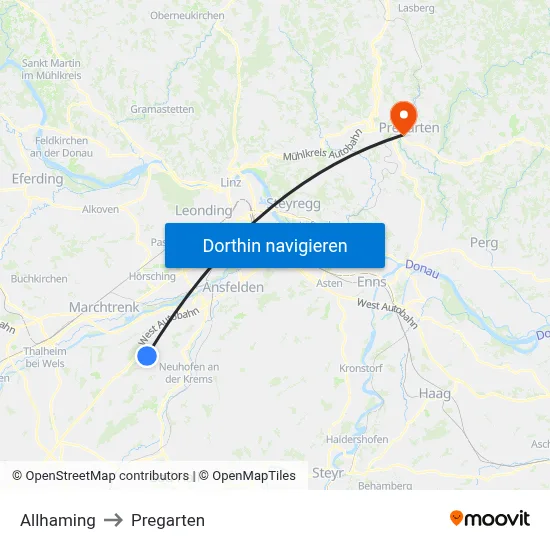 Allhaming to Pregarten map