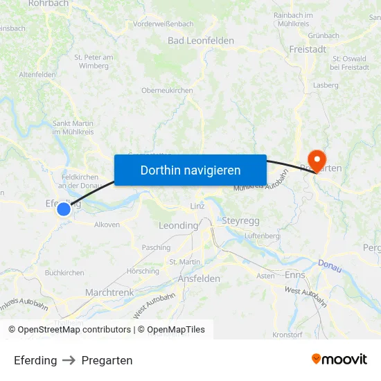 Eferding to Pregarten map