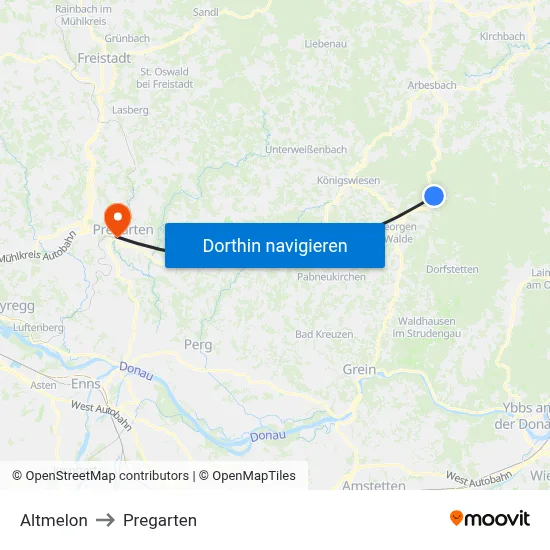 Altmelon to Pregarten map