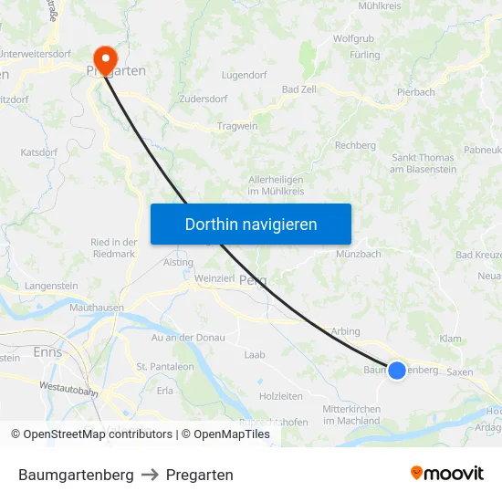 Baumgartenberg to Pregarten map