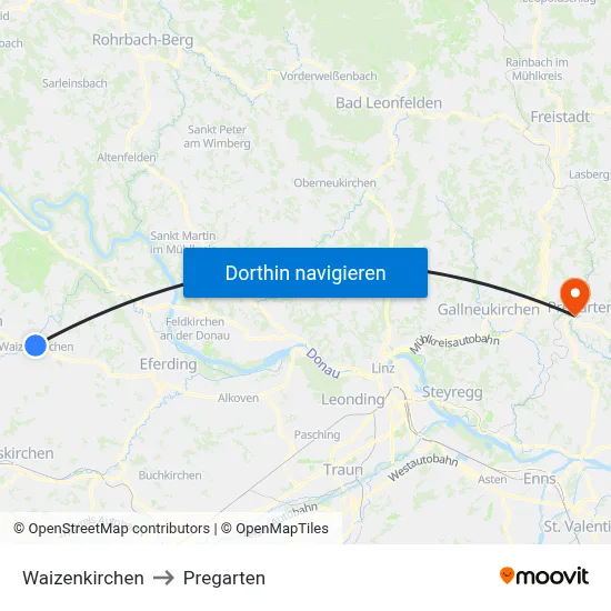 Waizenkirchen to Pregarten map