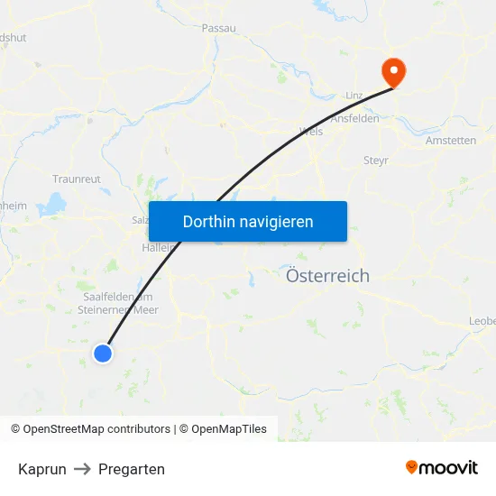 Kaprun to Pregarten map