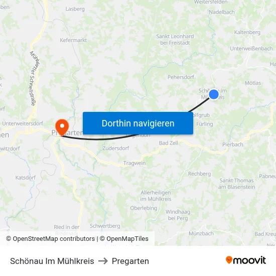 Schönau Im Mühlkreis to Pregarten map